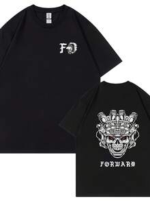 Camiseta de manga corta con estampado de doble cara de calaveras en estilo futurista europeo y americano. - Negro - Ver 1
