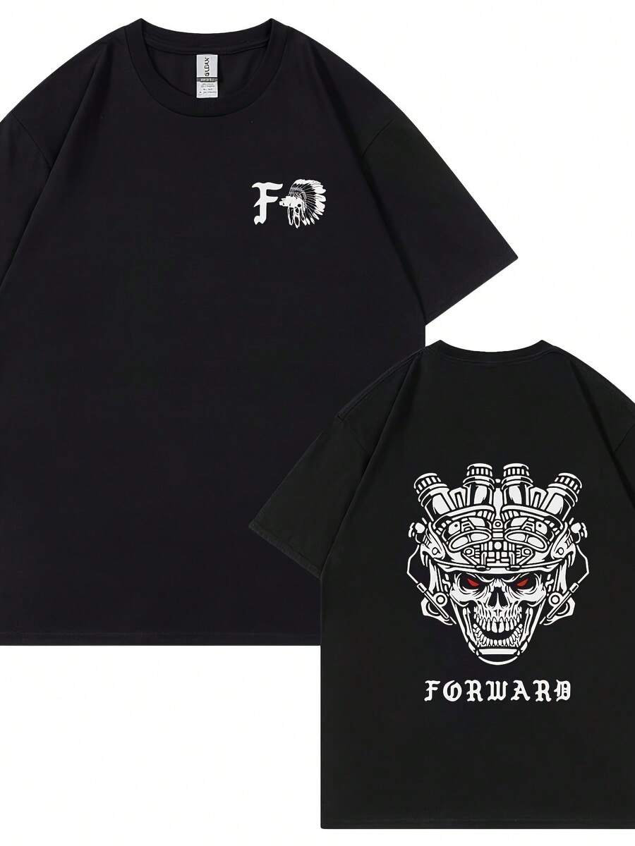 Camiseta de manga corta con estampado de doble cara de calaveras en estilo futurista europeo y americano. - Negro - Ver 1