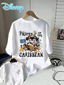 Disney T-Shirt With Caribbean Pirate Motifs And Mickey Mouse Family Print, Retro Nautical Style, Perfect For Casual Summer Wear, Men's Short-Sleeved Shirt Made Of Pure Cotton, Fashionable And Versatile. - 白色 - 查看 2