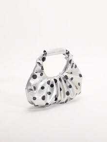 SCULPTEDSTYLE BAGS 1件裝黑白配色圓點印花雲朵包，時尚褶皺設計，極簡拼接優雅女款手提包，適合日常通勤、購物、約會、下午茶 - 銀色 - 查看 4