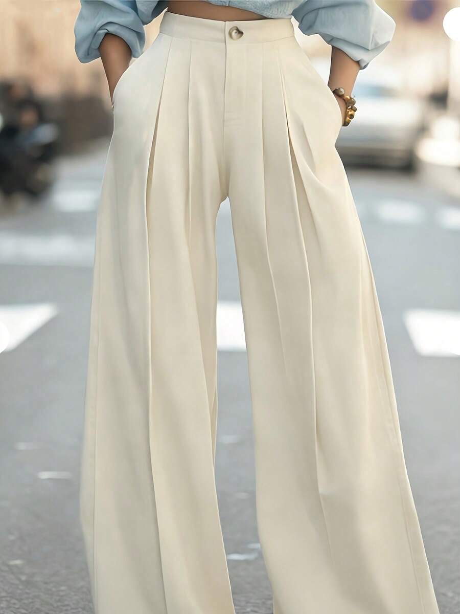 High Waist Wide Leg Pants With Button Closure, Loose Straight Cut, Full Length Trousers Suitable For Casual And Formal Occasions All Seasons - Apricot - View 1