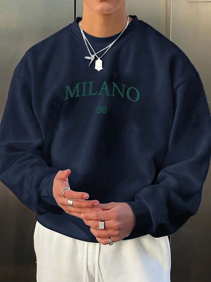 Jersey de cuello redondo casual con estampado MILANO para hombres, adecuado para el uso diario, primavera/otoño - Blanco - Ver 1