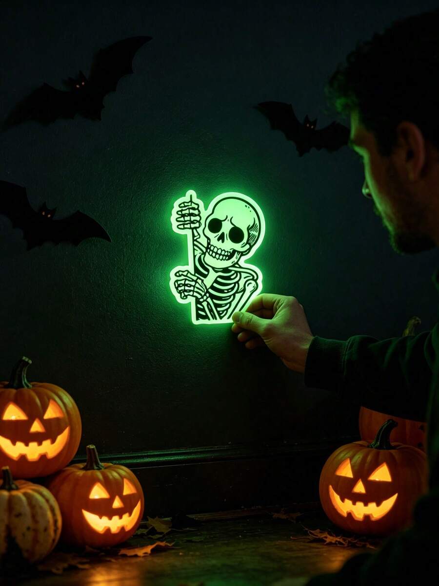 16pcs/Set Halloween Glow-In-The-Dark Skeleton Stickers, Suitable For Car Windows, Bumpers, Laptops, Water Bottles, Skateboards And Luggage. Humorous Peeking Skeleton, Perfect For Desk Decor, Halloween Decorations, Motorcycle Helmets And Wall Decor. - A - View 1