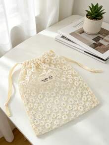 Lace Mesh Drawstring Bags Daisy Embroidered Storage Pouches Lightweight Portable Organizers For Travel Cosmetics Bag Beige Floral Design Makeup Bags - Beige - View 7