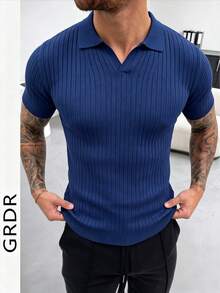 GRDR Men's Summer Airplane Collar Ribbed Solid Color Short Sleeve Knit Sweater, Suitable For Summer Outings, Essential For Fashionable Styling - Royal Blue - View 5