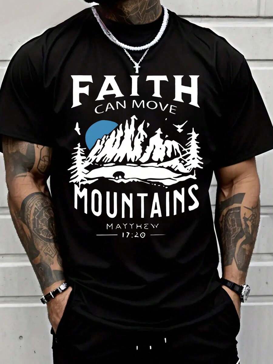 Men's T-Shirts PAYEAH Vintage Faith Can Move Mountains Christian Premium T-Shirt 100% Heavy Cotton T Shirt Men's Clothing - 黑色 - 查看 1