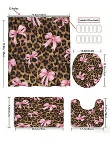 4PCS Leopard Print Base Pink Bow Sweet Cool Bathroom Set, Including Shower Curtain, U-Shaped Toilet Seat, Non Slip Floor Mat, Toilet Seat Cushion, With 12 Shower Curtain Hooks, 250th Anniversary Celebration, Holidays - A - View 11
