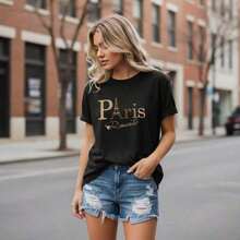 Conjuntos Diarios Elegantes: Camiseta de Algodón con Estampado de la Torre Eiffel de París para Mujer, Top Casual de Manga Corta y Cuello Redondo, Camiseta Básica de Corte Holgado, Tallas Di - Negro - Ver 1