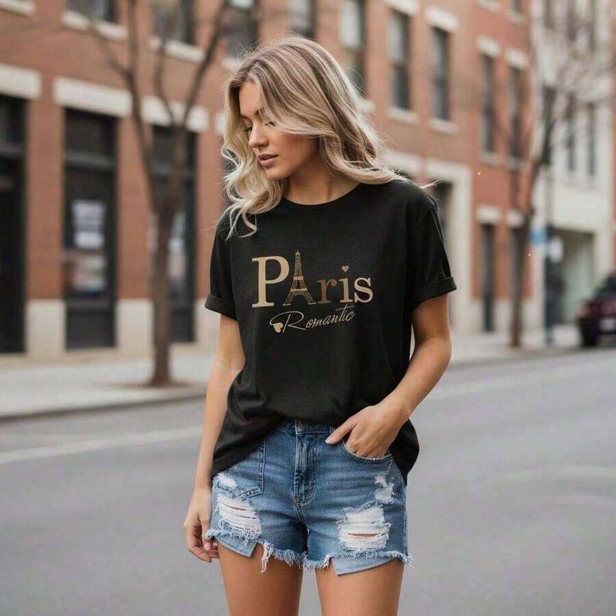 Conjuntos Diarios Elegantes: Camiseta de Algodón con Estampado de la Torre Eiffel de París para Mujer, Top Casual de Manga Corta y Cuello Redondo, Camiseta Básica de Corte Holgado, Tallas Di - Negro - Ver 1