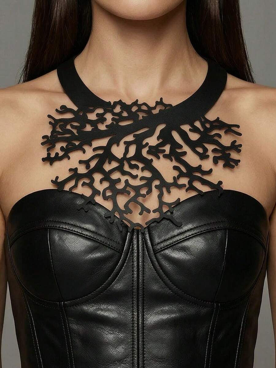 1pc Hollow Black Double Layer PU Leather Coral Shaped Exaggerated Choker Necklace Personalized Branch Gothic Style Vintage Necklace - Black - View 1