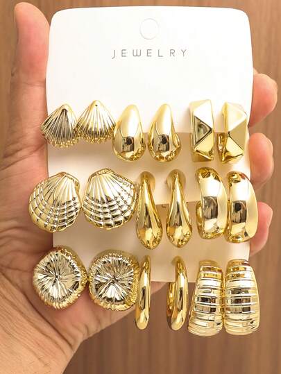 6-18 Fashionable Elegant Scallop Geometric Multi- Gold Metallic Earring Set, Women's Fashion Earring Set, Daily Wear (Novel ABS Material Non-Allergic Non-Fading)
