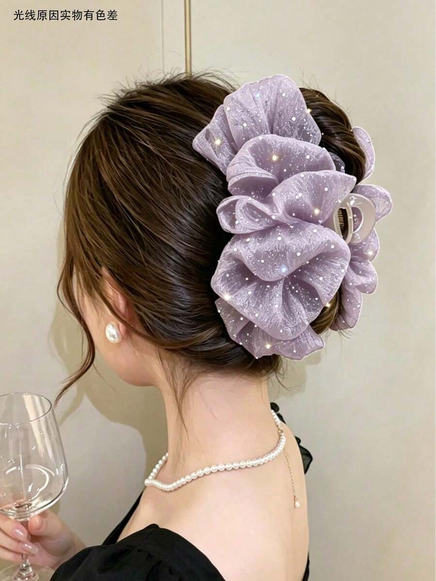 FRIFUL 1 Peça Presilha de Cabelo Feminina com Laço em Seersucker Brilhante de Cor Sólida, Presilha de Garra Elegante e Fashion, Adequada para Uso Diário (Garra de Cabelo 13cm-15cm) - taro roxo - Visão 1