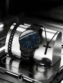 4pcs Men's Watches, Quartz Watches, Hip-Hop Style Necklaces, Bracelets And Rings, Suitable For Back-To-School, Graduation, And Thanksgiving. - Multicolor - View 10