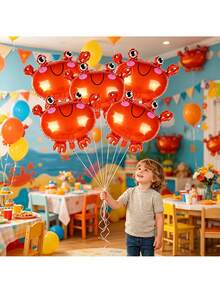 5pcs Mini Ocean Crab Aluminum Foil Balloons (Ribbon Not Included), Suitable For Birthday Party Decoration, Theme Event Setup, Ocean Theme Decor, Photo Props - Crab - View 5