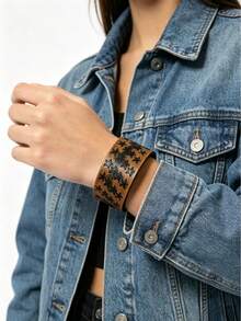 1pc Punk Vintage Star/Moon/Totem Embossed Leather Bracelet, Unisex Wide Wristband, Distressed Texture Adjustable Buckle, Street Style Fashion Accessory - Brown - View 1