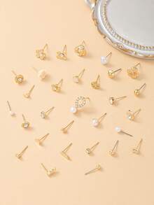 30 Pairs Minimalist Fashion Women's Stud Earring Set, Cute Small Flower Heart & Music Note Earrings Combination, Suitable For Daily Casual Wear, Outings, Jewelry, Holiday Gift - Yellow Gold - View 2