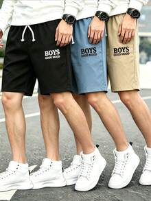 3pcs Boys' Letter Graphic Drawstring Waist Slant Pocket Shorts - Khaki - View 1