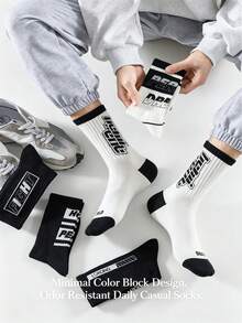 1/3/5 Pairs American FIGHT Letter Contrast Print 4-Way High Elastic Ribbed Men's Mid-CalfSocks, Breathable Moisture-Wicking Odor-Resistant Cushioned Durable Sports Socks, Street Hip-Hop Basketball Skateboard Fitness Jogging Sweatpants Jeans Casual Socks - Multicolor - View 2