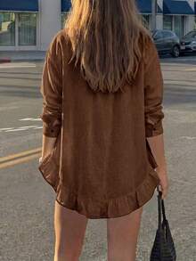 Women's Spring Casual Solid Color Front Button Ruffle Blouse Spring/Summer - Brown - View 5