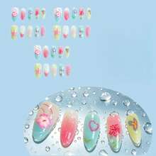 24pcs Summer Press On Nails Medium Almond Fake Nails With 3D Flower Starfish Designs Summer Beach False Nails Pearl Glue On Nails Handmade Full Cover Acrylic Nails Stick On Nails For Women - Hoa sao biển - Xem 4