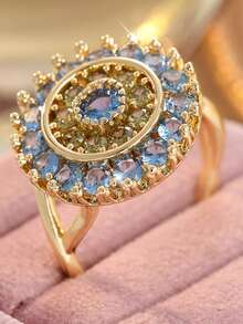 Bohemian Style Sunflower Design Double Layer Blue Synthetic Zirconia Inlaid Ring, Elegant Women's Ring, Sparkling Daily And Party Jewelry Accessory - Gold - View 4