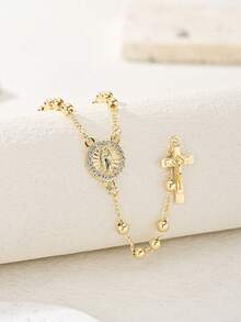 1pc Virgin Mary Rosary Religious Necklace, Religious Necklace, Suitable For Daily, Holiday And Occasion Wear, Decoration, Gift, Prayer - Yellow Gold - View 1