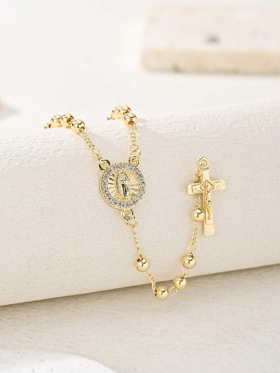 1pc Virgin Mary Rosary Religious Necklace, Religious Necklace, Suitable For Daily, Holiday And Occasion Wear, Decoration, Gift, Prayer - Yellow Gold - View 1