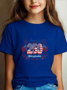 Girls America 250 Years Of Freedom 1776-2026 Graphic Tee, Patriotic 4th Of July Red Short Sleeve T-Shirt - 寶藍色 - 查看 13