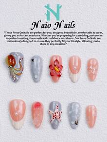 NAIO 10Pcs/Set Handmade Press On Nails, 3 Sizes: Coffin/Almond/Short Square Tips, Y2K Ocean Style, Gray Peach Pink French Edge, 3D Octopus Flower Design,Shell Pattern,Pearl Iridescent Flake Decor, Women Girls,Party Daily Wear, Tool Kit, Gift Nail Supplies - Multicolor - View 2