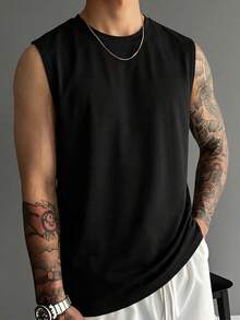 Men's Summer Fashion Comfortable Casual Red Rose Print Crew Neck Tank Top - Black - View 2