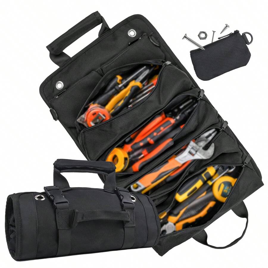 [Heavy Duty Tool Bag] 1pc Heavy Duty Waterproof Tool Organizer Bag With Portable Roll-Up Design, Multiple Compartments, Adjustable Shoulder Strap, Durable Green Fabric, Zipper Closure, Perfect For Organizing Hand Tools And Small Items, Electrician Tool Bag - Black - View 1