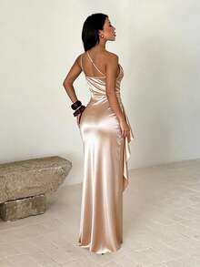 1pc Solid Color Elegant Sexy Casual Knit Asymmetric/Irregular Dress For Party, Wedding, Beach, Vacation, Back To School, Bachelorette Party, Summer - Champagne - View 2
