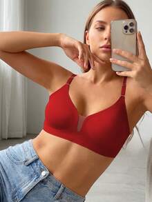 1pc Women's Casual Minimalist Solid Color Deep V-Neck Spaghetti Strap Backless Bra, Comfortable & Suitable For Wedding Dress - Red - View 5