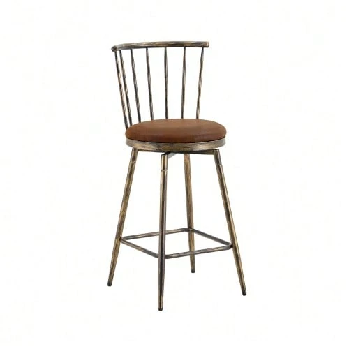 Modern Windsor-Style Metal Bar Stool With Padded Seat, Ideal For Kitchen Islands, Bars, And Restaurants; Industrial-Style Bar Stool At Bar Height; Vintage And Minimalist Style - Brown 1 - View 1