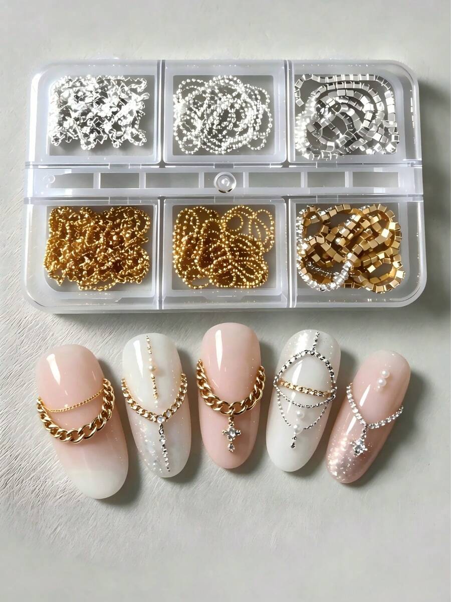 6格豪華美甲金屬鏈條配件,金銀混色精細鏈條,高級可穿戴美甲手工裝飾材料套件,美甲飾品 - 彩色 - 查看 1