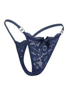 1 Tangas de Encaje Floral| Ropa Interior y Lencería Sexy para Mujer con Detalles de Encaje en Contraste, Transpirables y Cómodas con Lazo Abierto - Azul - Ver 6