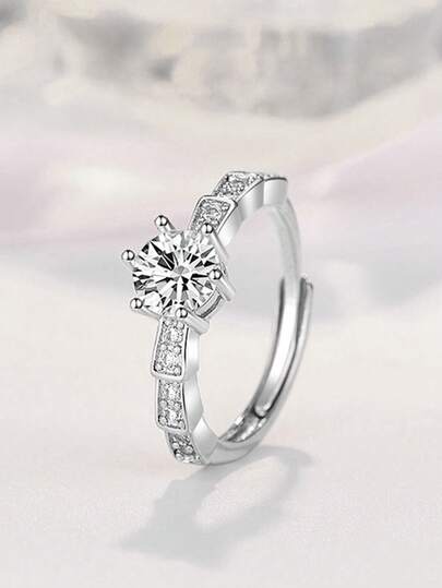 1pc Classic 6-Prong Engagement Ring, Round Cut Zirconia Main Stone With Full Diamond Band, Romantic Wedding Jewelry For Women