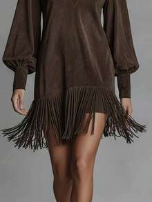 Women's Short Suede Shirt Dress With Lapel Collar, Puff Sleeves And Fringe At The Hem, Various Shades Of Navy And Brown, Western Cowboy Style For Autumn Country Outings. - 咖啡 - 查看 2