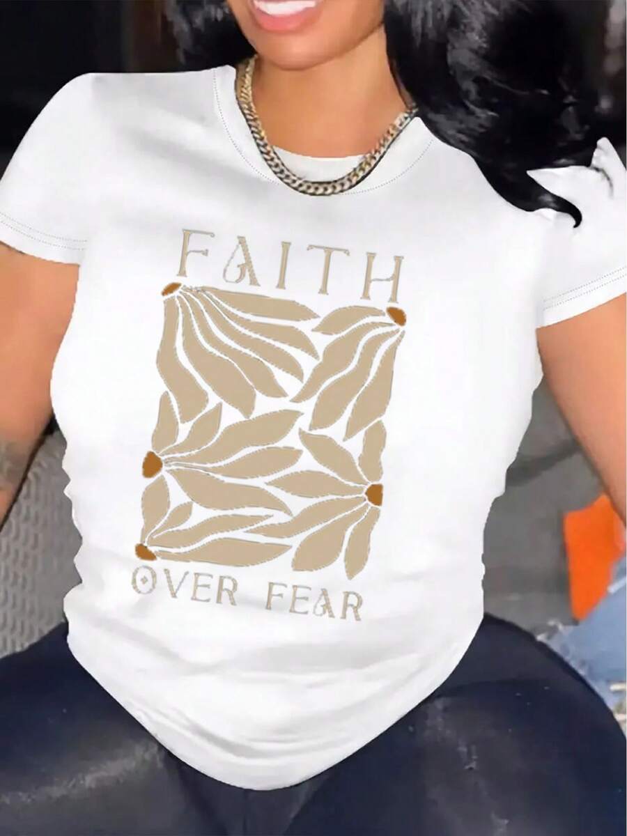 Women's Casual Short Sleeve T-Shirt, One Size, 1 Piece, 100% Heavy Cotton - Comfortable Round Neck, Soft And Adorable T-Shirts, Summer T-Shirt - 白色 - 查看 1