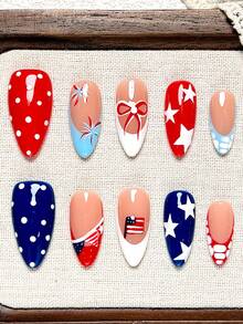 10Pcs Short Almond Handmade Press On Nails, 4th Of July False Nails, Featuring Red White Blue Patriotic Design, Star Polka Dot, Fireworks & American Flag Details. Artificial Nail Tips For Women Girls, Great Gift For Ladies Nail Supplies - Multicolor - View 2