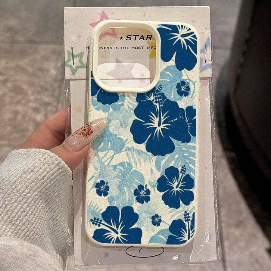 1 buah Casing Ponsel Bahan TPU Warna Putih Susu & Motif Hibiscus Biru Kompatibel dengan iPhone 17 Pro Max/17/16 Pro Max/15/13/12/11/ S20 FE/A15/S24/A55/ Note 11/Note 12/Note 13 Pro Perlindungan Penuh Tahan Guncangan Lembut - Putih - View 1