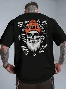 Camiseta de manga corta holgada para hombre de talla, transpirable y resistente al sudor para el verano, top casual, moderno y fresco, con estampado de calaveras y anclas, estilo mari - Negro - Ver 1