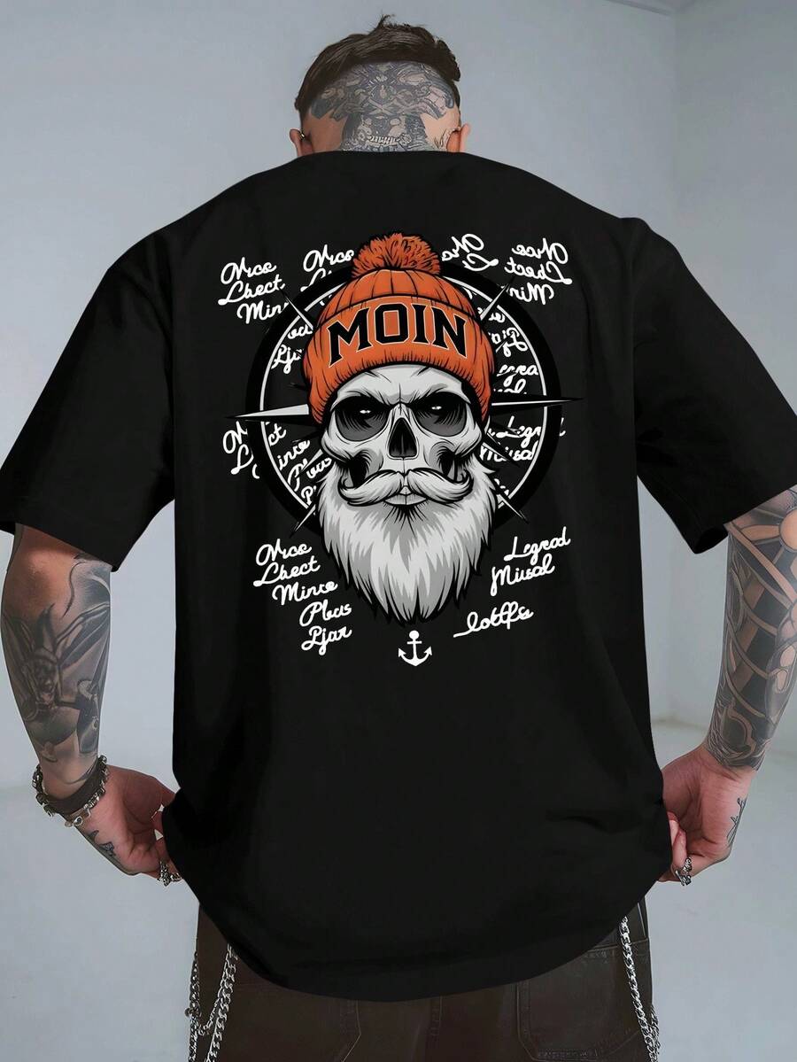 Camiseta de manga corta holgada para hombre de talla, transpirable y resistente al sudor para el verano, top casual, moderno y fresco, con estampado de calaveras y anclas, estilo mari - Negro - Ver 1