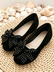 Children's Soft Sole Slip-On Casual Shoes With Large Bow Decoration - Black - View 2
