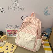 Mochila de patchwork a cuadros & lunares, mochila escolar de cordón estilo femenino para estudiantes, mochila ligera estilo academia japonesa - Multicolor - Ver 16