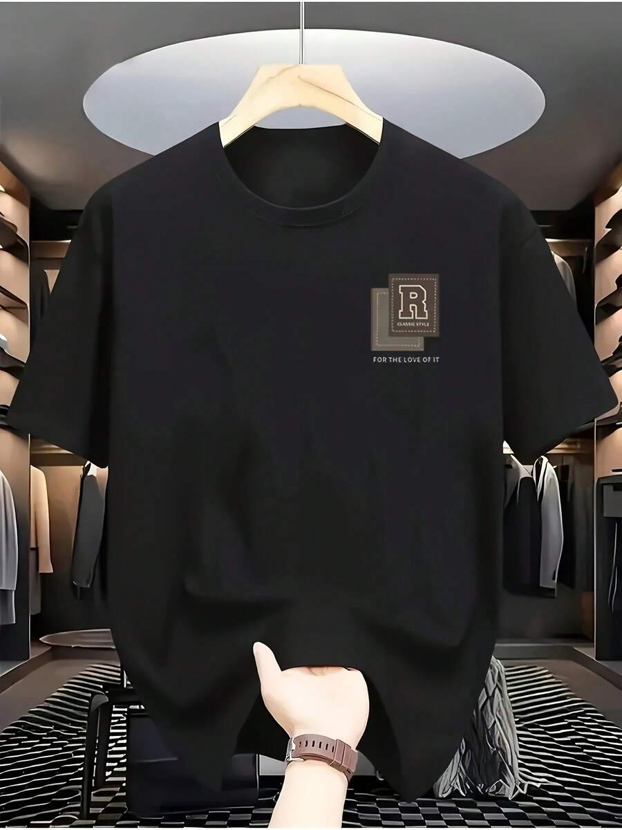 Camiseta casual de manga corta y cuello redondo para hombre con diseño de 'R', hecha de tela ligera y transpirable, perfecta para el verano - Negro - Ver 1