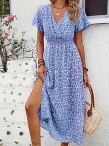Floral Dress With Butterfly Sleeves And Leg Slit - Black - View 9