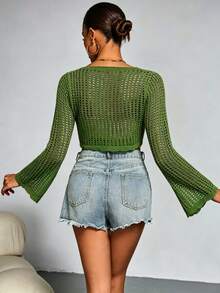 Plus Size Solid Color Cropped Hollow Knit Cardigan - Green - View 7