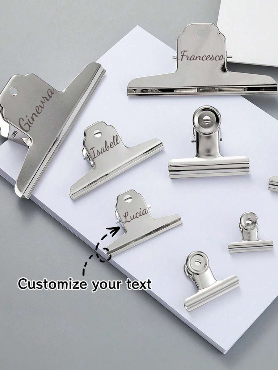 1-10pcs Customized Stainless Steel Clips, Multi-Size Mountain-Shaped Clips, Stationery Clips, Metal Ticket Folder Clips, Customize Your Desired Text - Silver - View 1