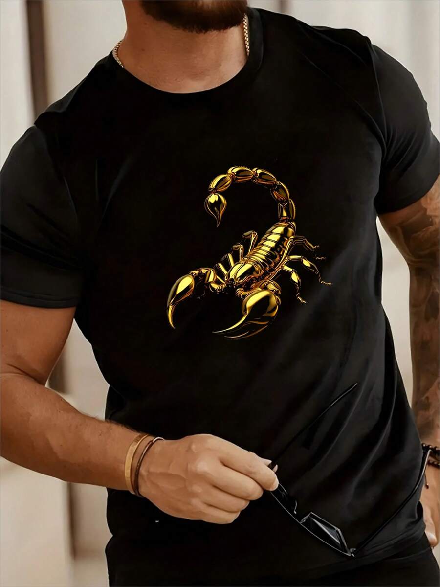 Yellow Scorpion Print, Casual Crew Neck T-Shirt Suitable For Casual Wear And Outdoor Activities, Casual Wear T-Shirt.|Eye-Catching Print Top|Breathable Cotton - 黑色 - 查看 1